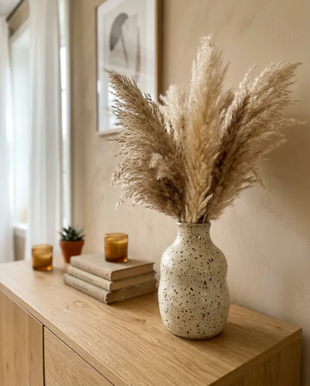 A speckled ceramic vase with dried pampas grass on an oak sideboard, an image made with Google’s Nano Banana model
