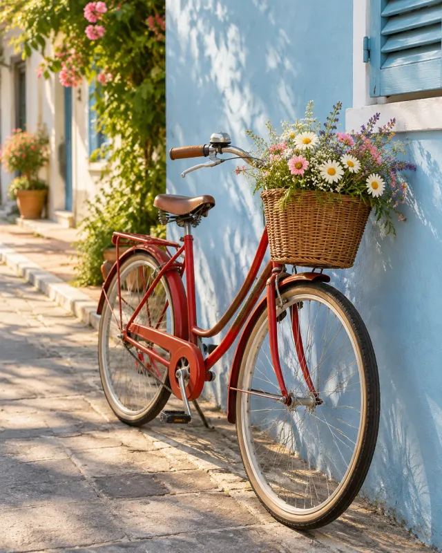 A red vintage bicycle with a basket of flowers against a pastel blue wall, an image made with ChatGPT