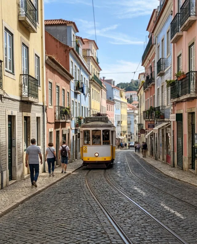 A yellow tram on a cobblestone street in Lisbon, a sample image carrying GPS, camera and AI metadata