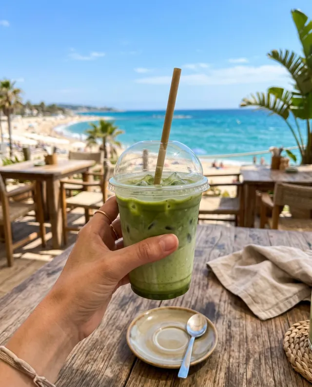 A hand holding an iced matcha latte at a beach cafe, an image made with Google’s Nano Banana model