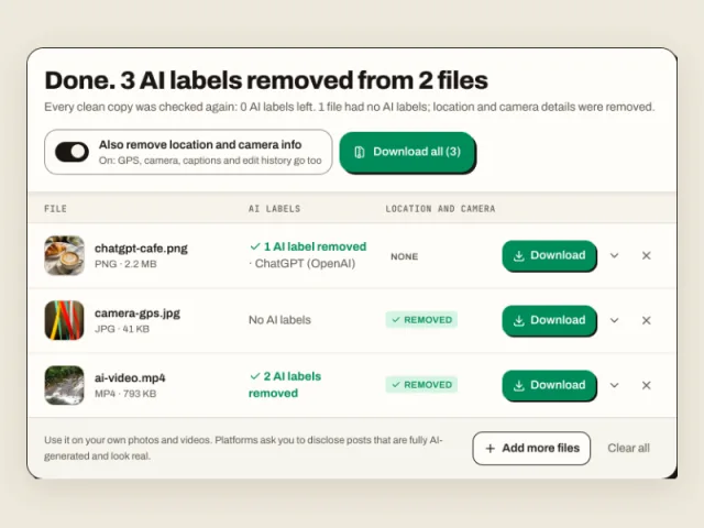 Three cleaned files with download buttons, the location switch and Download all