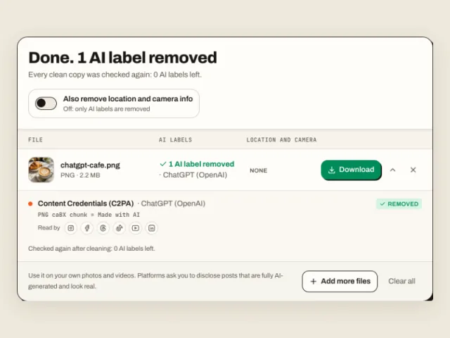 Result for a ChatGPT image: one C2PA label removed, 0 left, with the report below